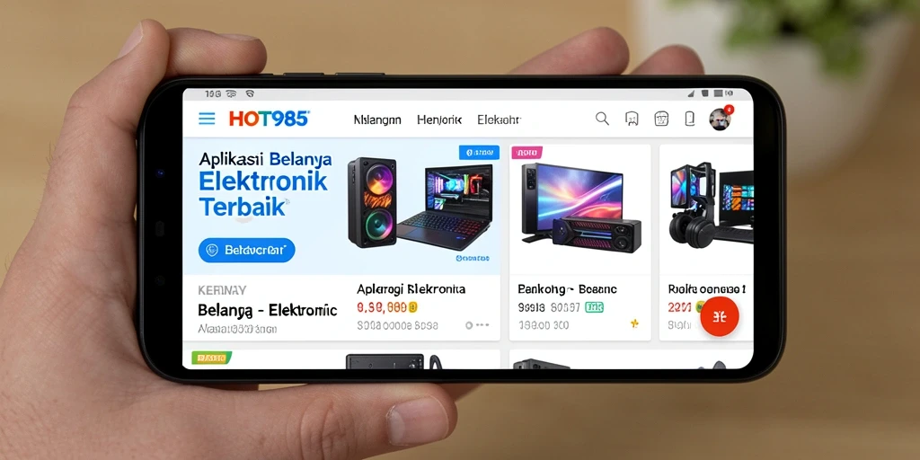 Tampilan aplikasi HOT985 menampilkan produk elektronik dengan antarmuka yang menarik.