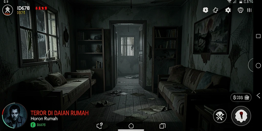 Screenshot ID678 menampilkan gameplay menegangkan di dalam rumah horor.