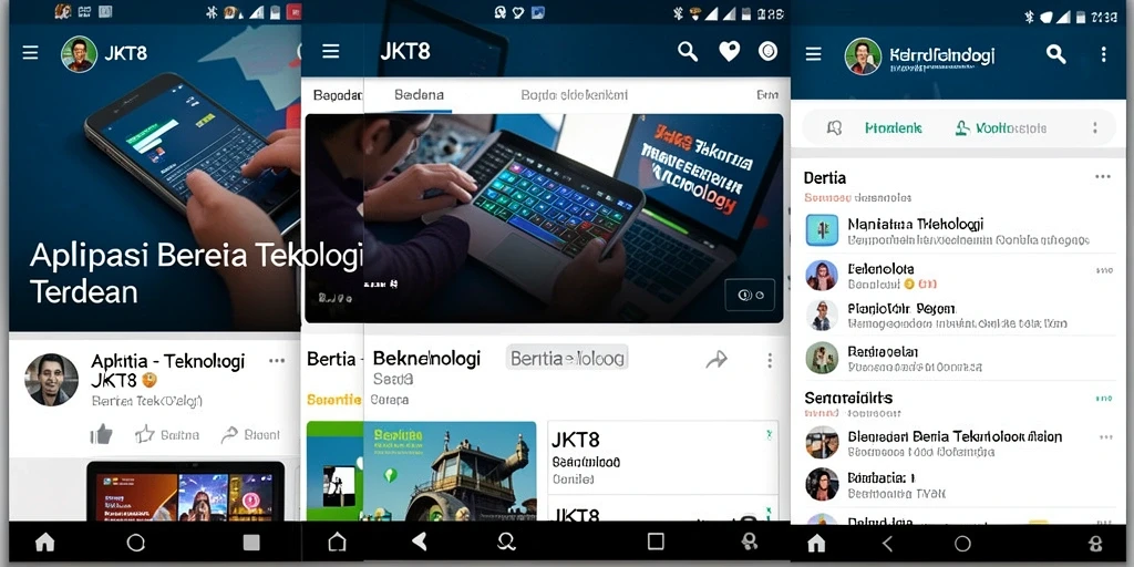 Tampilan antarmuka utama aplikasi JKT8 dengan berita teknologi terkini.